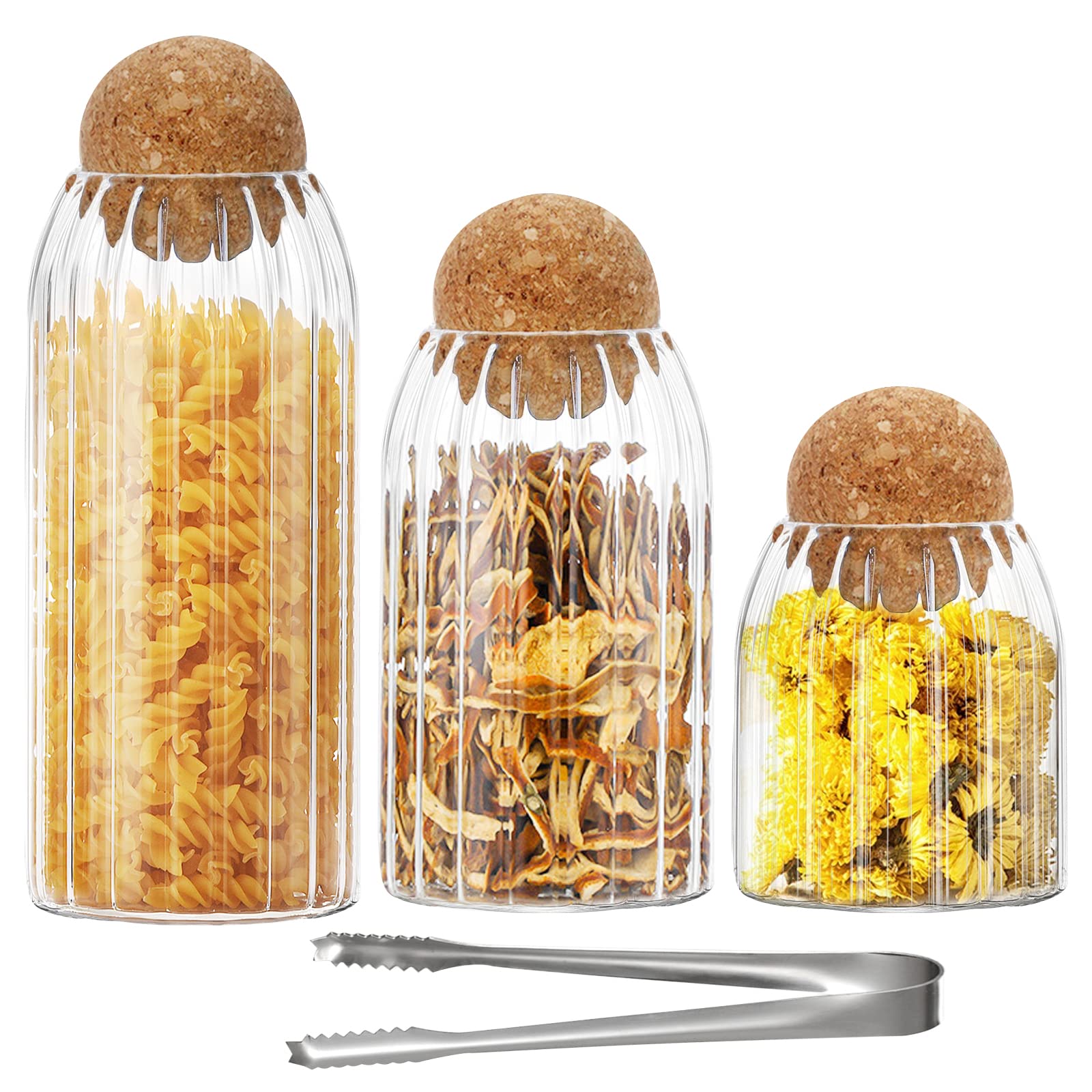 3Pcs Glass Storage Containers with Round Cork, Clear Stripe Glass Canisters for Coffee, Sugar, Spice, Tea,DIY