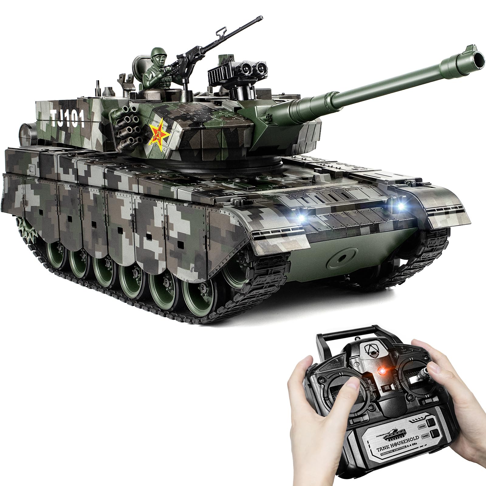1:18 RC Tank Chinese 99, 2.4Ghz Remote Control Tank, Military Model with BB Projectile Firing, 15 Channel Tactical RC Battle Vehicle with Smoke, LED Lights & Engine Sound Toy Gift for Kids and Adults