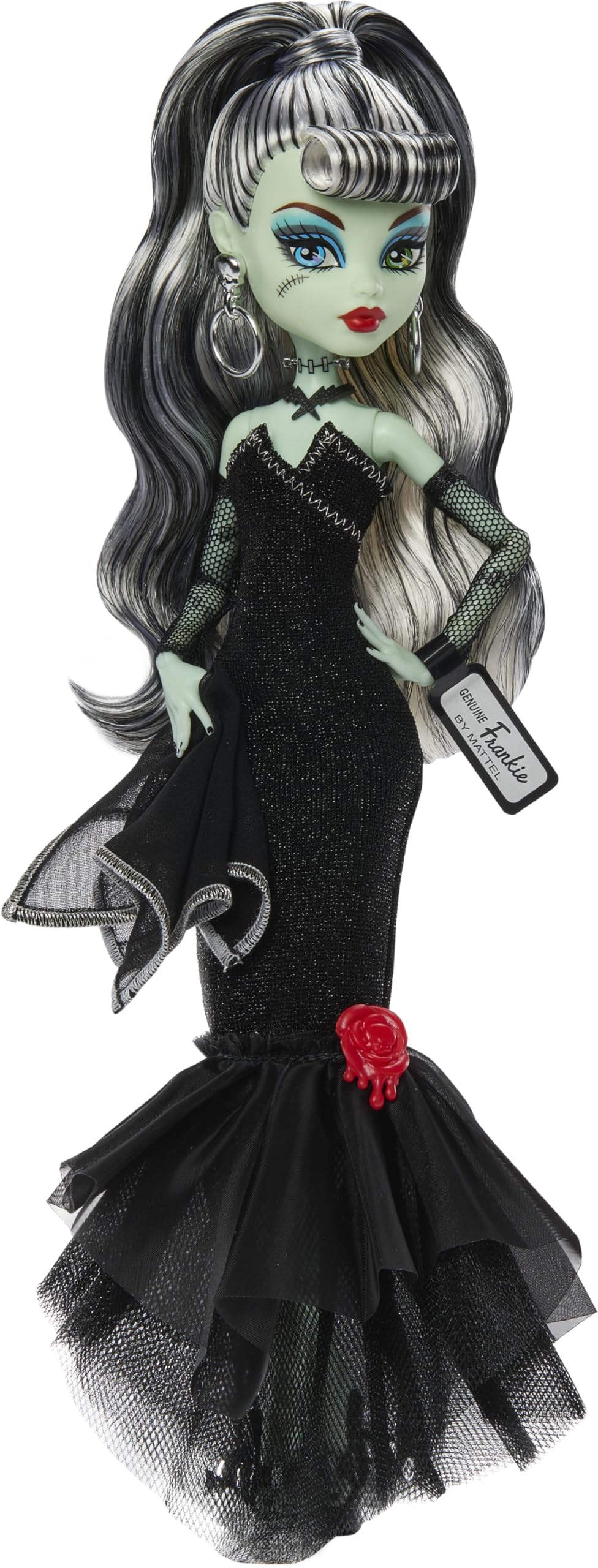 Monster High x Barbie Frankie Stein Doll with Original Barbie-Inspired Swimsuit and Solo in The Spotlight Black Evening Dress and Accessories
