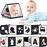 Infinno High Contrast Baby Book, Black and White, Tummy Time Mirror Toy | Newborn visual stimulation 0-6 months, Montessori sensory play, soft crinkle pages, folds flat, ties to crib and stroller