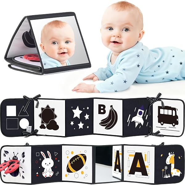 Black and White Baby Books for Newborn - Tummy Time Mirror & Sensory Toys Soft Montessori Toy for Infant Visual Stimulation,