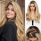 HAIRCUBE 13x6 HD Lace Front Wig Synthetic 22 Inch OMbre Blonde Highlight Long Wave Layered Glueless Wig for Women, Natural Look Daily Wear