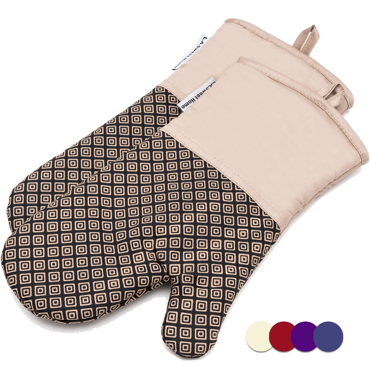 Silicone Oven Mitts Greek Key Pattern Heat Resistant Potholders Cooking Gloves Non-Slip Barbecue Gloves, Pot Holders,1 Pair LA Sweet Home(Khaki) by LA Sweet Home