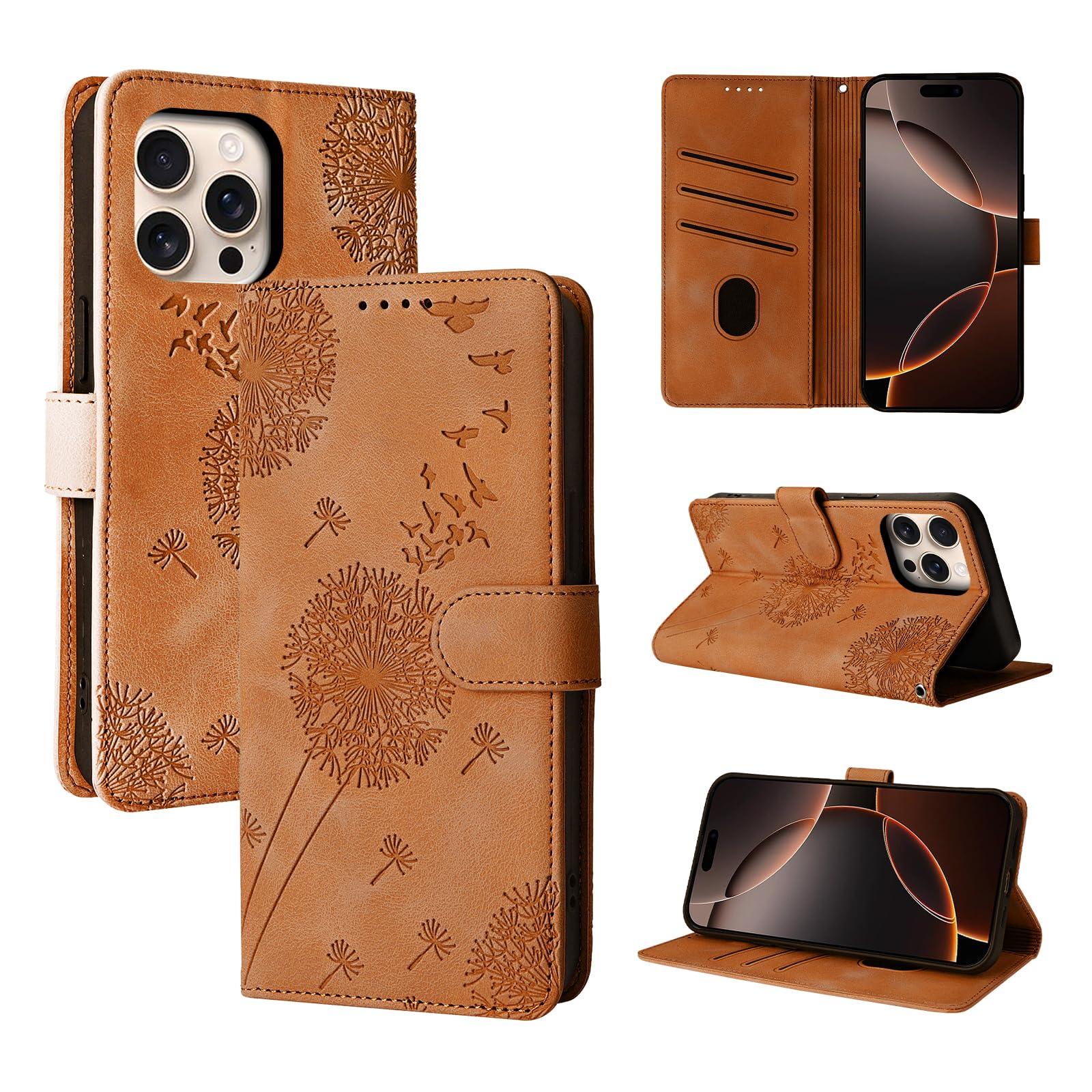 Rostsant Case for iPhone 16 Pro Dandelion Cover Premium PU Leather Flip Phone Case Wallet Card Slots Protective Cover for iPhone 16 Pro Brown — image 1