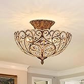 Lingkai 14.1" Retro Crystal Semi Flush Mount Ceiling Light,4-Lights Antique Brass Rustic Ceiling Lights Chandelier with Scall