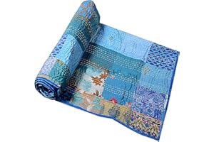 Rajasthaniartdecor Indian Handmade Vintage Silk Sari Patola Ethnic Reversible Blanket Bedspread Throw Stitch Patchwork Kantha Quilt (Turquoise, King 90x108 Inch)
