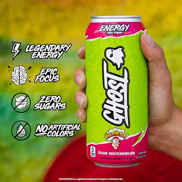 GHOST ENERGY DRINK – 12-PACK, WARHEADS SOUR WATERMELON, 16OZ – ENERGY & FOCUS & NO ARTIFICIAL COLORS – 200MG OF NATURAL CAFFEINE, L-CARNITINE & TAURINE – GLUTEN-FREE & VEGAN