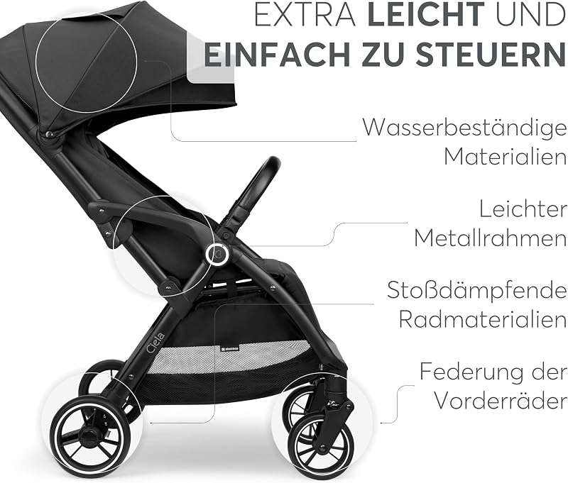KikkaBoo Buggy Kinderwagen Reisebuggy CIELA, Bis 22 kg, Leicht (7,1 kg), One-Hand-Faltbar, Atmungsaktiv & Wasserabweisend, Inkl. Regenschutz, Schwarz