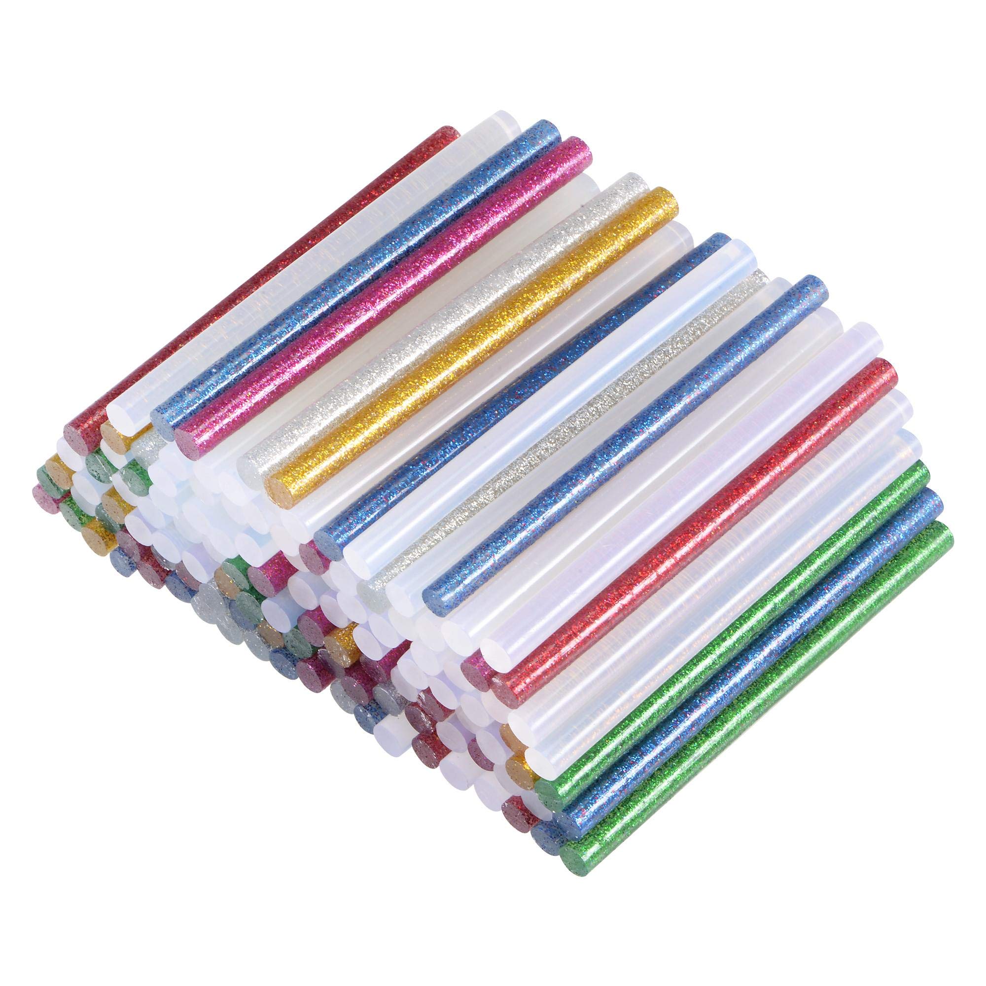 sourcing map 120pcs Clear Mini Hot Glue Gun Sticks 4-inch x 0.27-inch for Glue Guns, Glitter Red/Silver/Green/Golden/Blue/Rose Red, 7 Colors