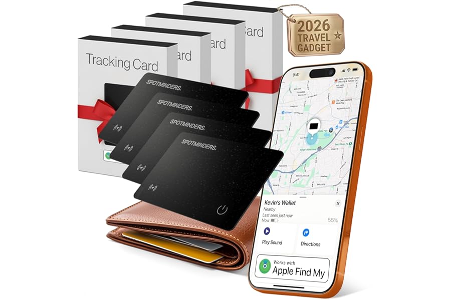SPOTMINDERS Apple MFI Certified Wallet Tracking Card Black 4-Pack - Works with Apple Find My Rechargeable Tracker IP68 Waterproof 0.07in Slim iPhone Item Finder for Luggage Passport Dad Gifts for Him