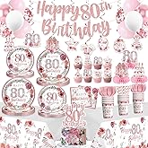 Yingoto 201pcs 80th Birthday Decorations for Women Tableware Set, Rose and Gold 80th Birthday Plates and Napkins,2pcs tablecloth, Pre-Strung Banner for 80 and Fabulous Decorations, 25 Guests