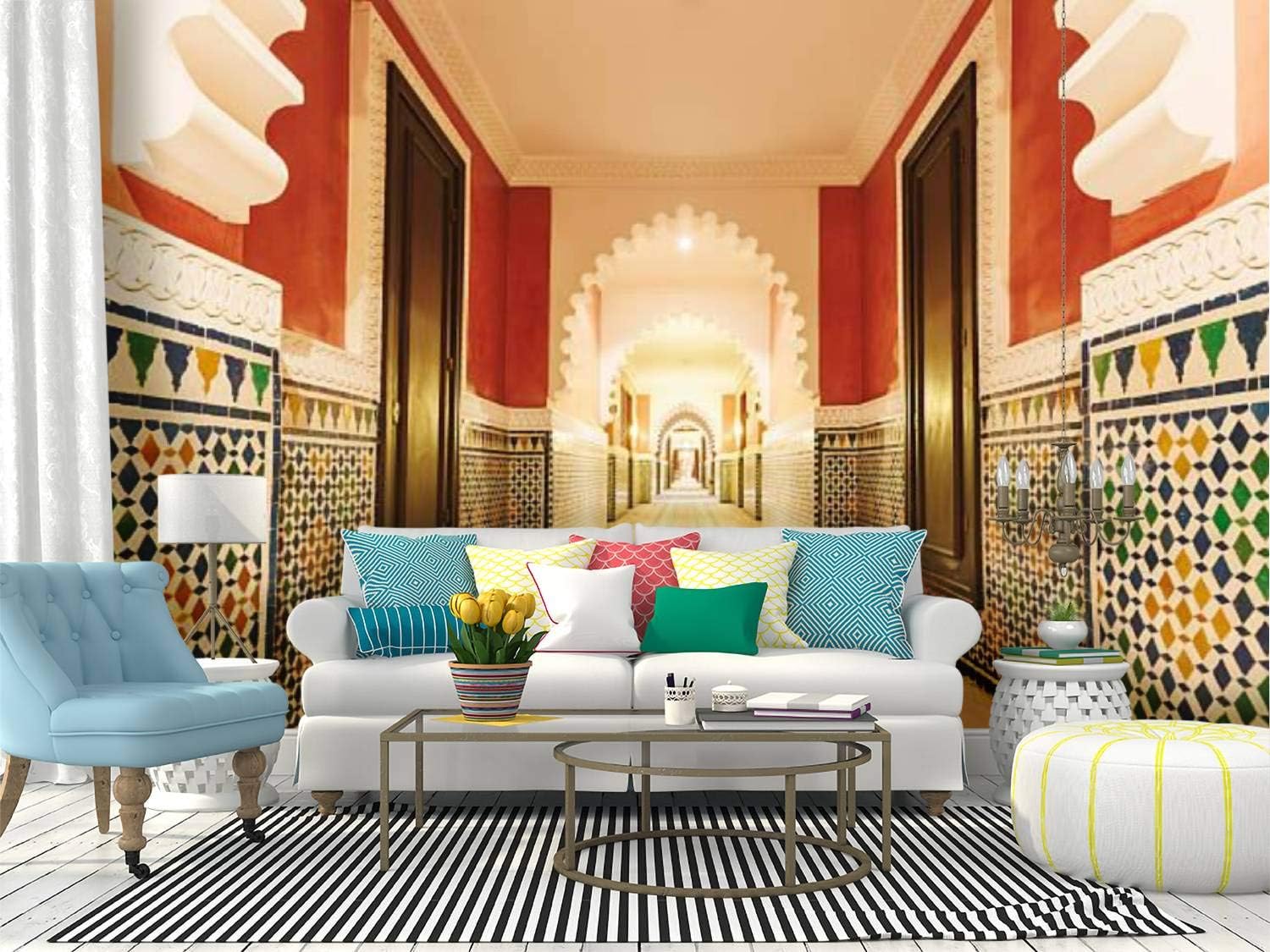 Arabian Architecture Moroccan Archway with Ornamental Tiles Interior Canvas Print Wallpaper Wall Mural Self Adhesive Peel & Stick Wallpaper Home Craft Wall Decal Wall Poster Sticker for Living Room