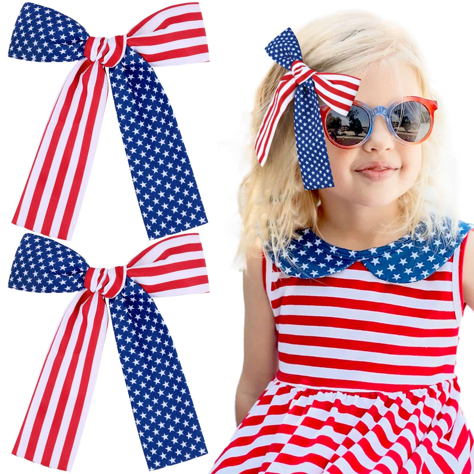 Photo 1 of NCMAMA 2PCS 4th of July Hair Bows for Girls, Patriotic Hair Bow Clips for Independence Day, American Red White and Blue Hair Accessories, Hair Barrettes for Toddler Children Kids (American Flag-A)