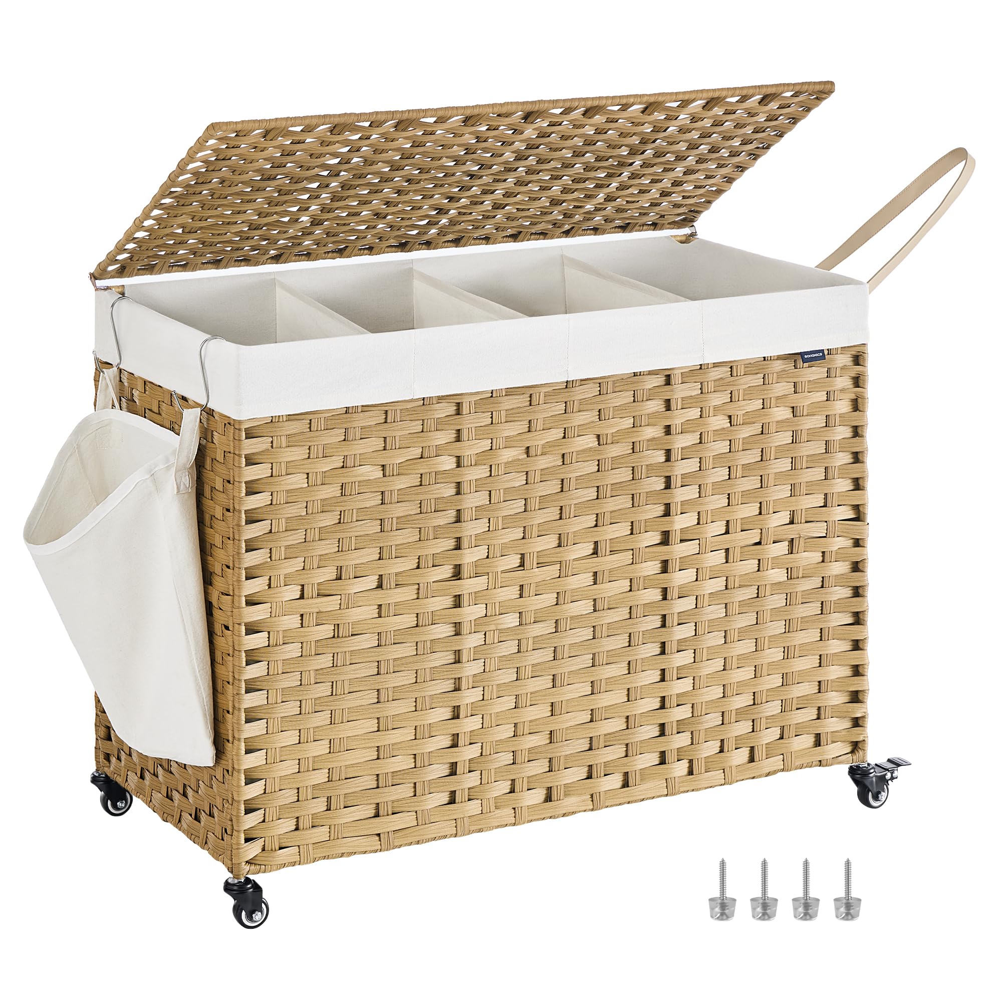 SONGMICS Laundry Hamper with Lid, 55.4 Gallons (210 L), Rolling Laundry Basket with Wheels, 4-Section Synthetic Rattan, Removable Liner, Bedroom, 33.9 x 15.7 x 26 Inches, Natural Color ULCB460Y01 Image