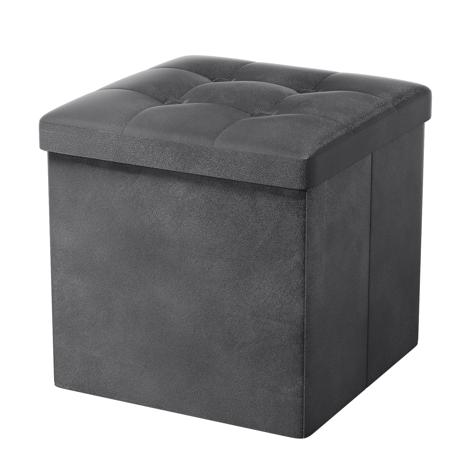 Oak & Tea Storage Ottoman, Foldable Storage Bench, Small Footrest, Cube Storage Unit, 1 Storage Boxes with Lid, Footstool, Comfy Toy Chest for Bedroom Living Room, Dark Grey 38x38x38cm