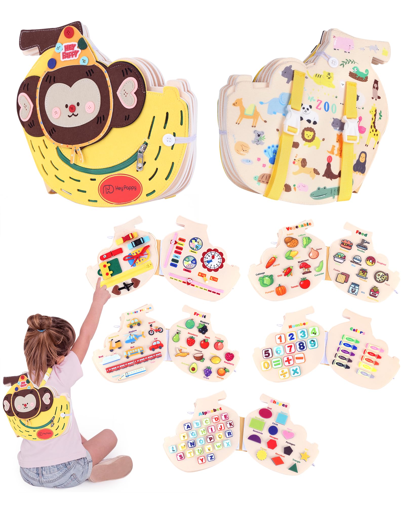 Photo 1 of Heypappy Busy Board Montessori Toys, 12 in 1 Busy Book Learning Sensory Toys for Toddlers with Fine Motor Skills, Busy Book Toys with Backpack Strap, Monkey Shape