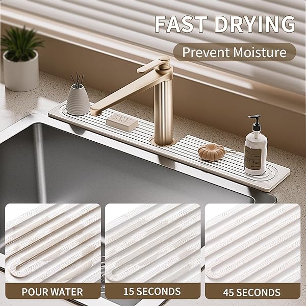 IMGROSE FAUCET MAT FOR KITCHEN SINK, DIATOMITE STONE DRYING SINK PROTECTORS, BATHROOM FAUCET SPLASH GUARD, QUICK DRY WATER ABSORBING, NON-SLIP STONE TRAY FOR KITCHEN COUNTER, WHITE, 23.6″ X 3.9″