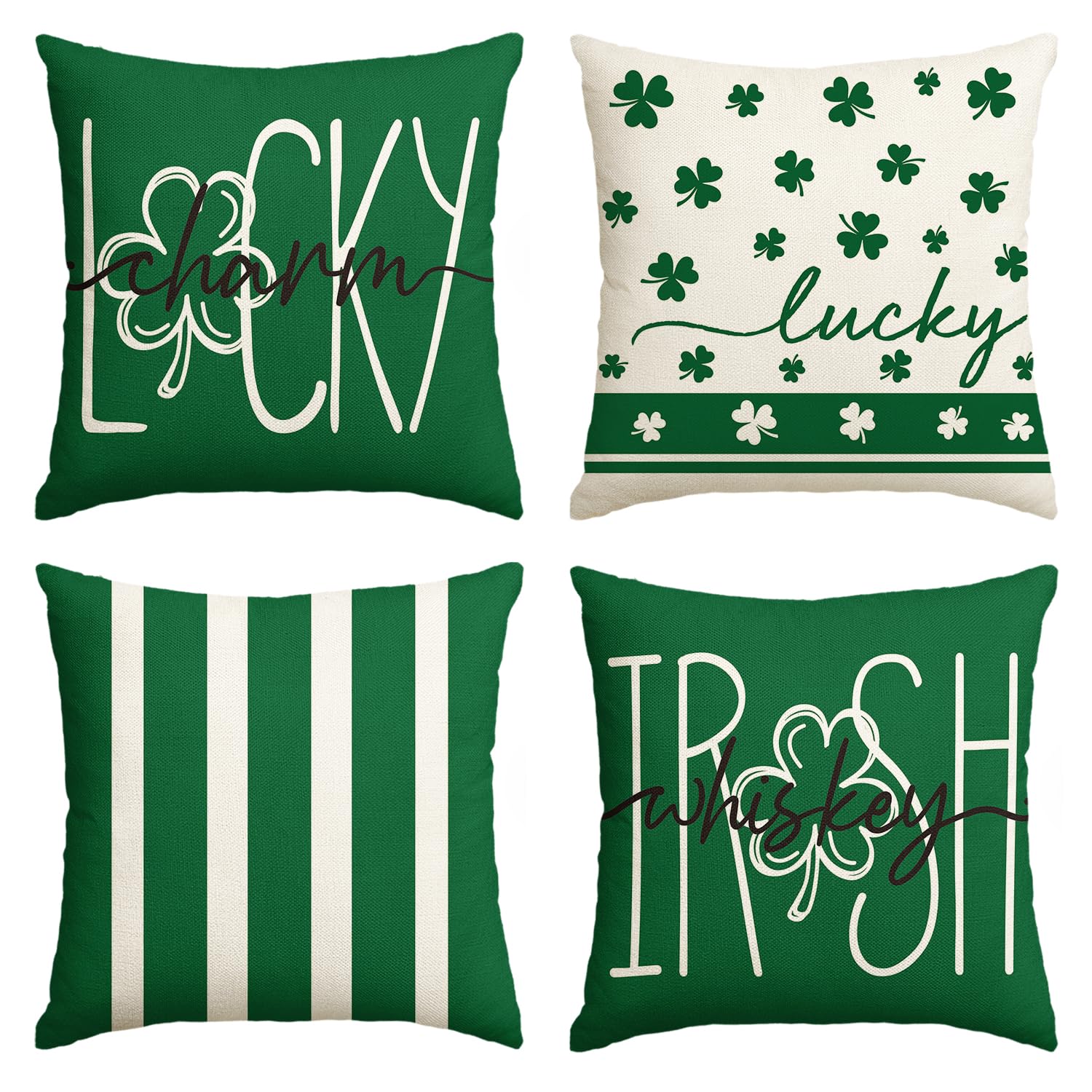 Photo 1 of **MORE SOLID COLORED CASES** AVOIN colorlife ST Patricks Day Lucky Charm Irish Whiskey Clover Stripes Throw Pillow Covers, 18 x 18 Inch Green Shamrocks Decoration for Sofa Couch Set of 4