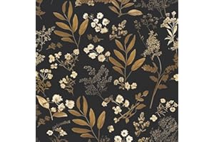 Laatse Vintage Wallpaper Peel and Stick Black Floral Wallpaper 17.5'' x 393'' Gold Leaf Contact Paper Vinyl Waterproof Self A