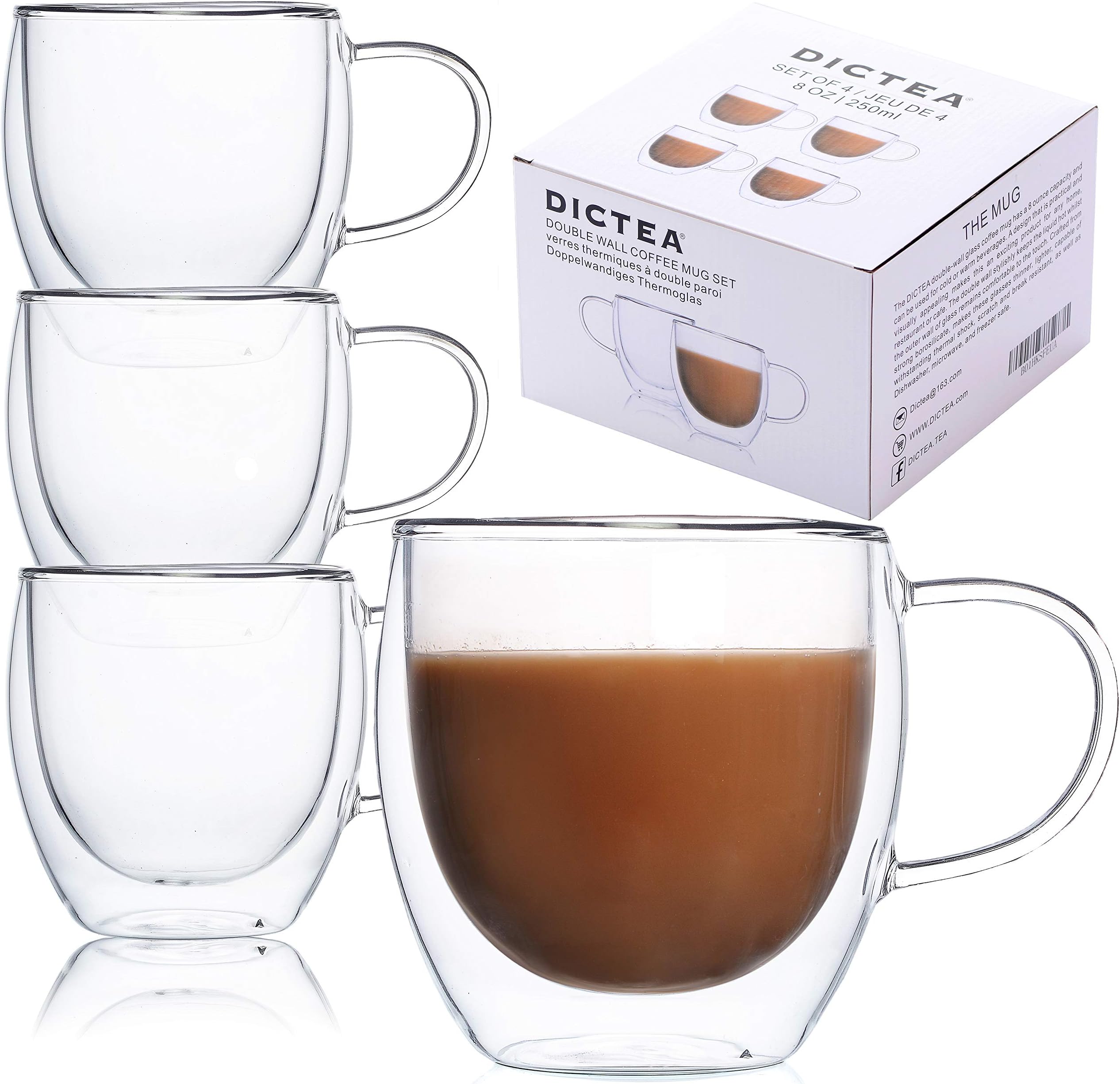 Glass Coffee or Tea Drinking Glasses Set of 4 Mugs - 8oz Double Wall Thermal Insulated Cups with Handle, Espresso Latte Cappuccino Stackable Glassware