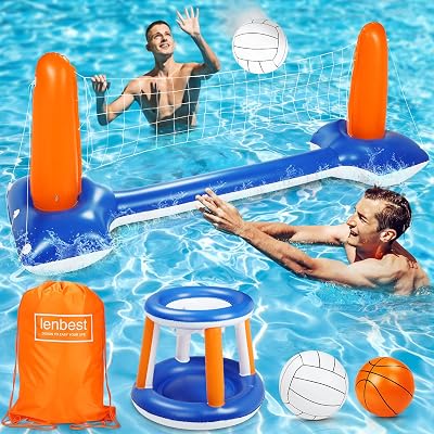 Set De Volley-ball Et Basket-ball Gonflable Pour Piscine – Filet 114x28x35 Pouces, Cerceau, Ballons Inclus – Tout-en-un Pour L'eau