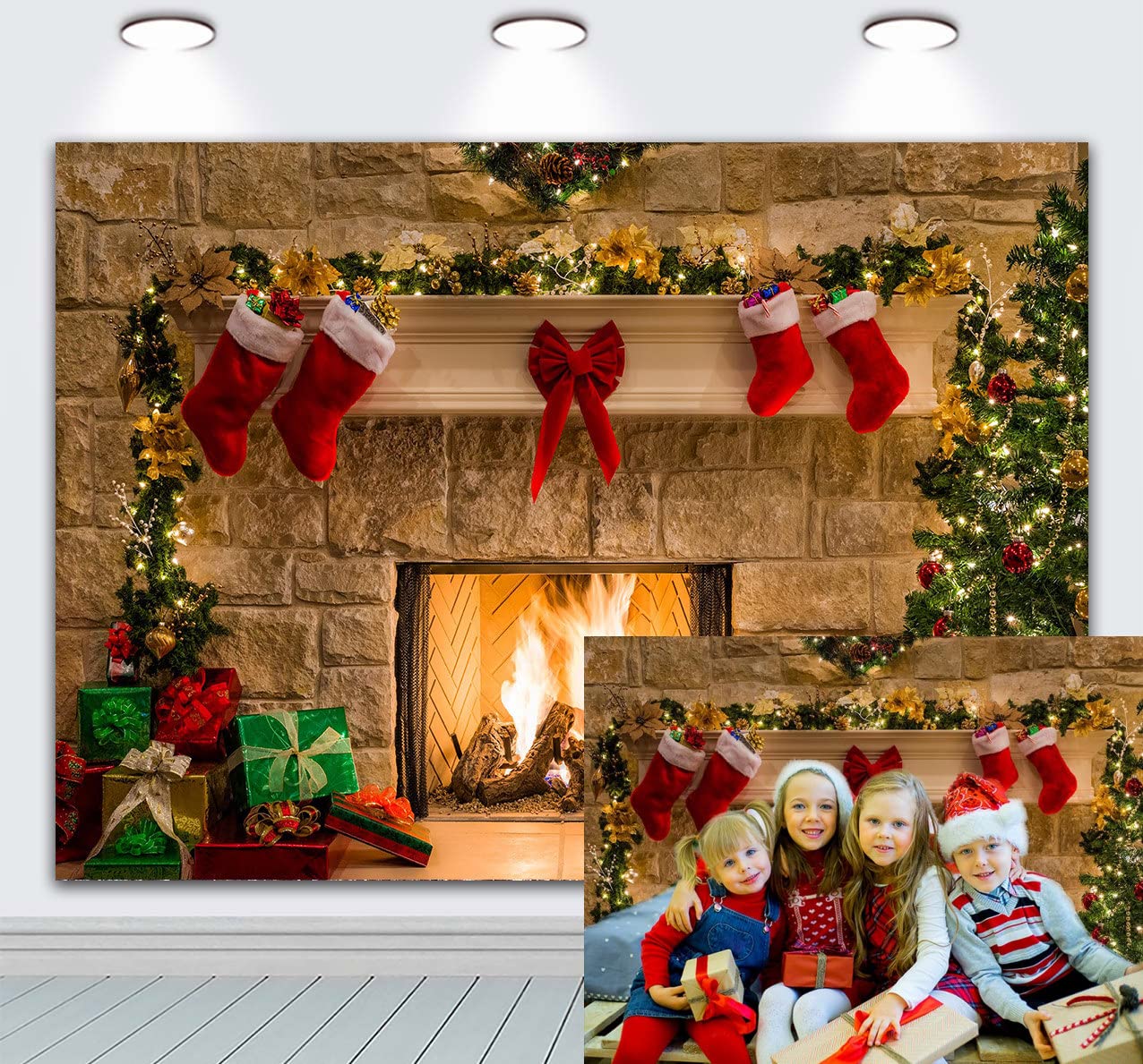 RUINI Christmas Fireplace Backdrop Xmas Tree Gift Boxes Theme Backdrop Christmas Party Decoration Children Photo Background (7x5FT)