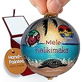 Hawaiian Ornament Christmas Under Palm Trees: Collectible Hand-Painted Glass Keepsake with Gift Box