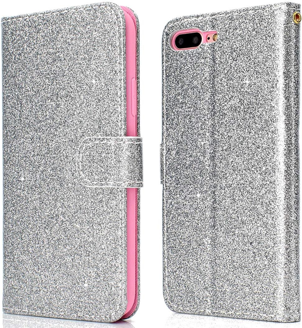 Compatible for iPhone 8 Plus Leather Folio Case, Ladies Luxury Glitter Kickstand Wallet Credit Card Holder Detachable Wristlet Shockproof Silicone Phone Case Compatible for Apple iPhone 7 Plus, Silver