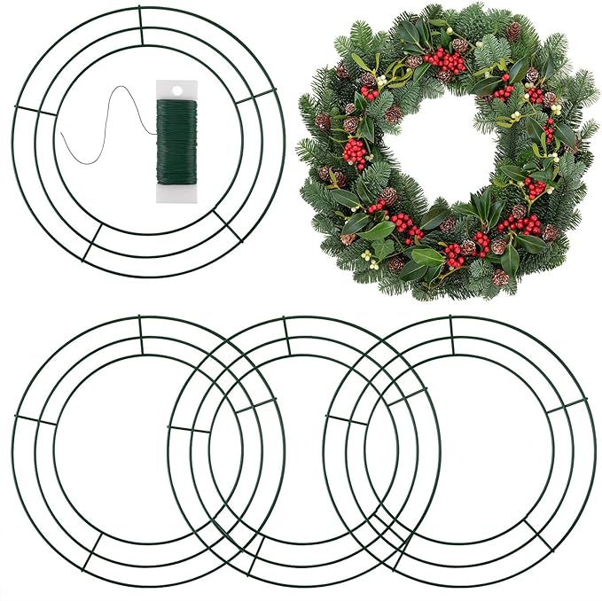 FEPITO 4 Pack Wire Wreath Rings 12"/30cm with 1 Pack Green Flexible