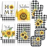 Leinuosen 8 Pcs Sunflower Checkered Kitchen Towels and Dishcloths Sets Oven Mitts and Pot Holders Sets Absorbent Kitchen Gloves Potholders Heat Resistant for Chef Baking Cooking