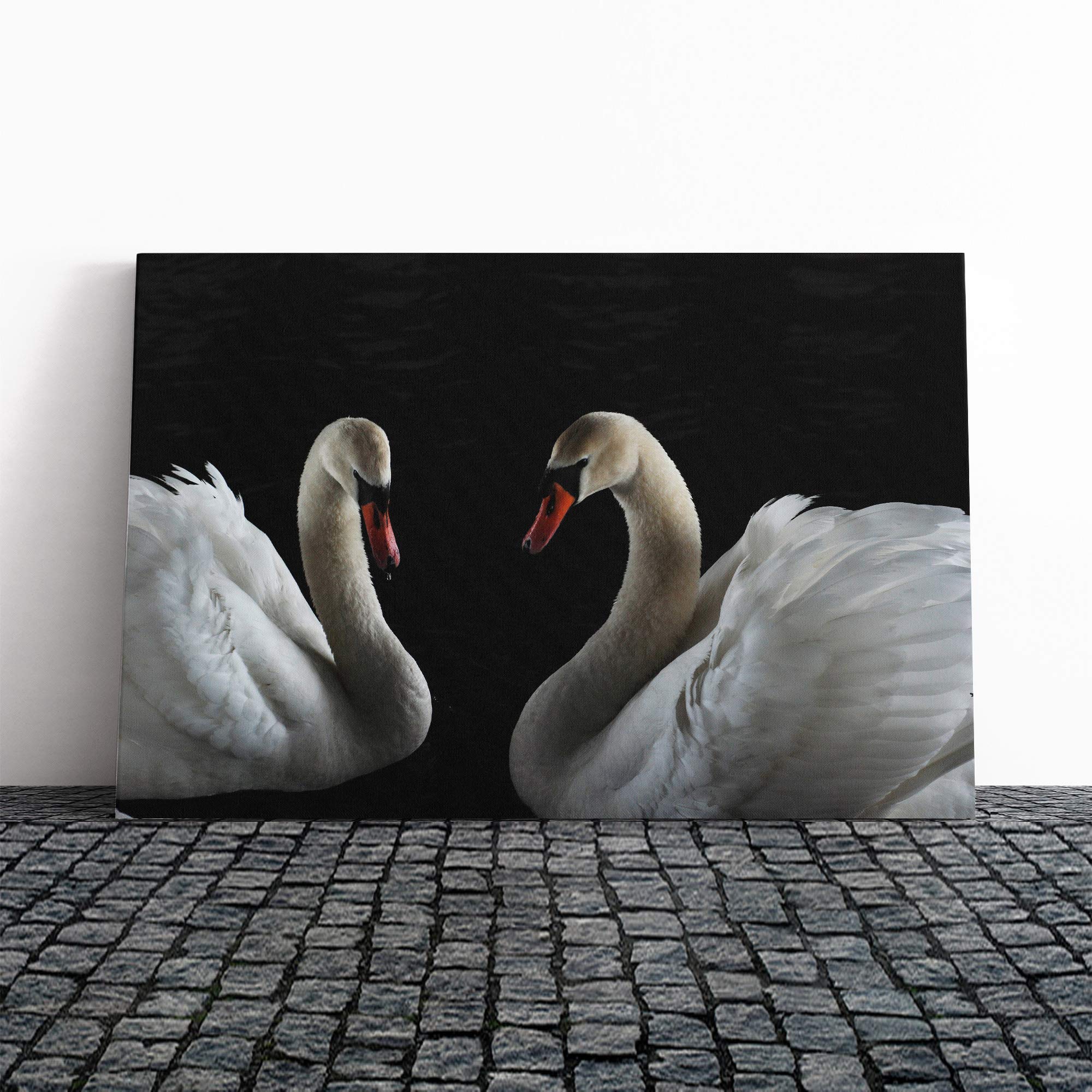 Two White Swans (2) Canvas Print | Gallery Wrapped 30mm Frame Wall Art | 20x14 inches | Ready to Hang | Modern Bird Picture | Living Room Bedroom Lounge Office