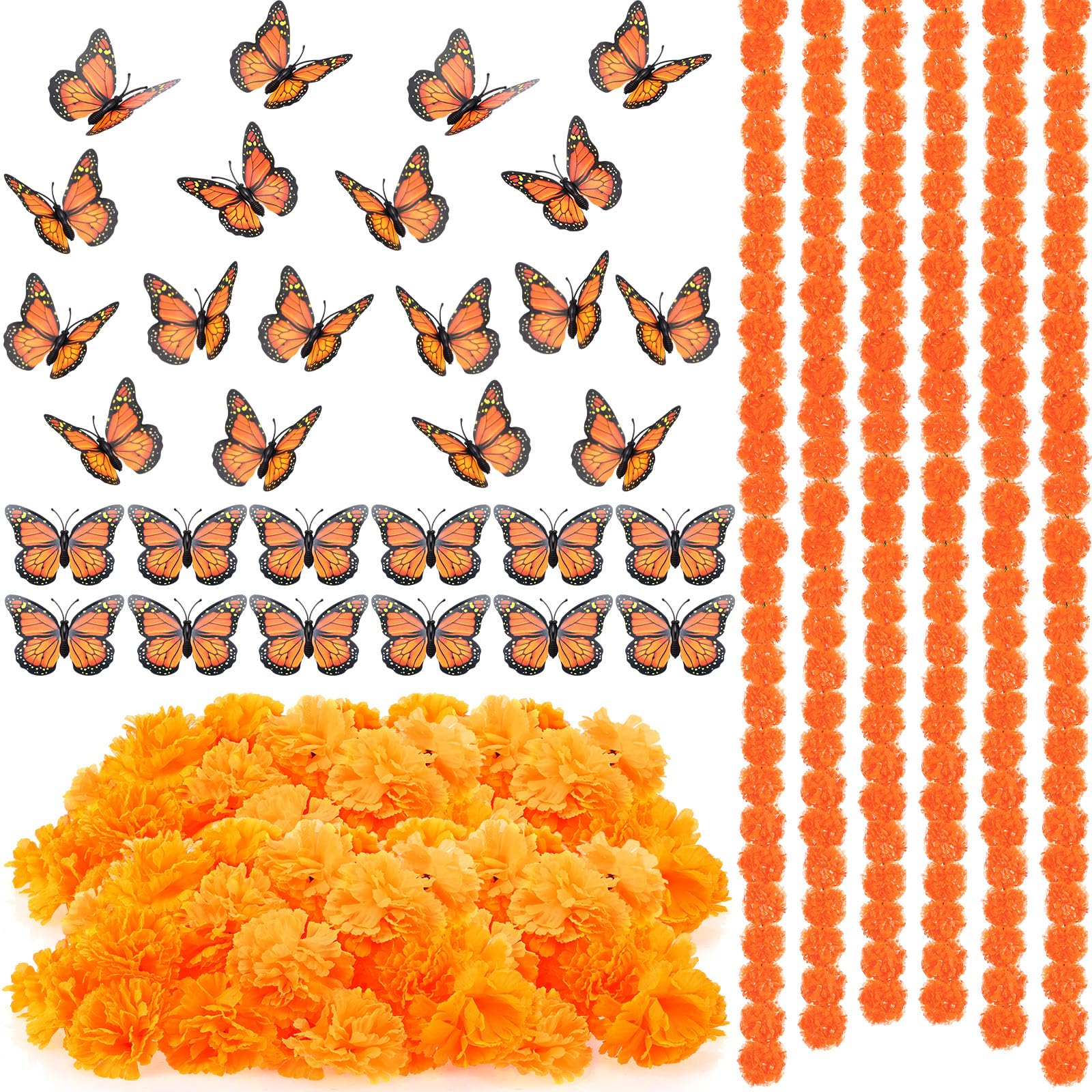 Photo 1 of Yunsailing 96 Pcs Day of The Dead Decoration Set 6 Pcs 5 ft Artificial Marigold Flowers Garland 30 Pcs Monarch Butterfly Decor 60 Pcs Mexican Flowers Decor for Dia De Los Wedding (Deep Orange)