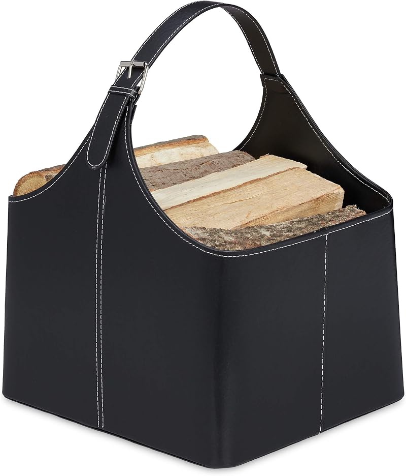 Relaxdays Black Imitation Leather Firewood Log Basket Holder with Handle