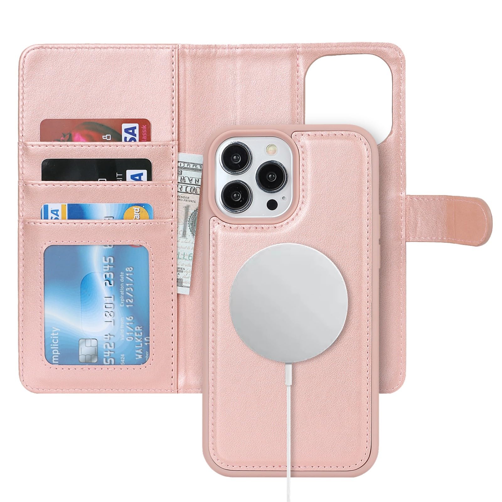 Zouzt for iPhone 15 Pro Max 6.7 Inch Detachable Wallet Case with Card Holder for MagSafe, Premium PU Leather 2 in 1 Flip Folio Book Magnetic Stand Protective Phone Cover - Rose Gold — image 1