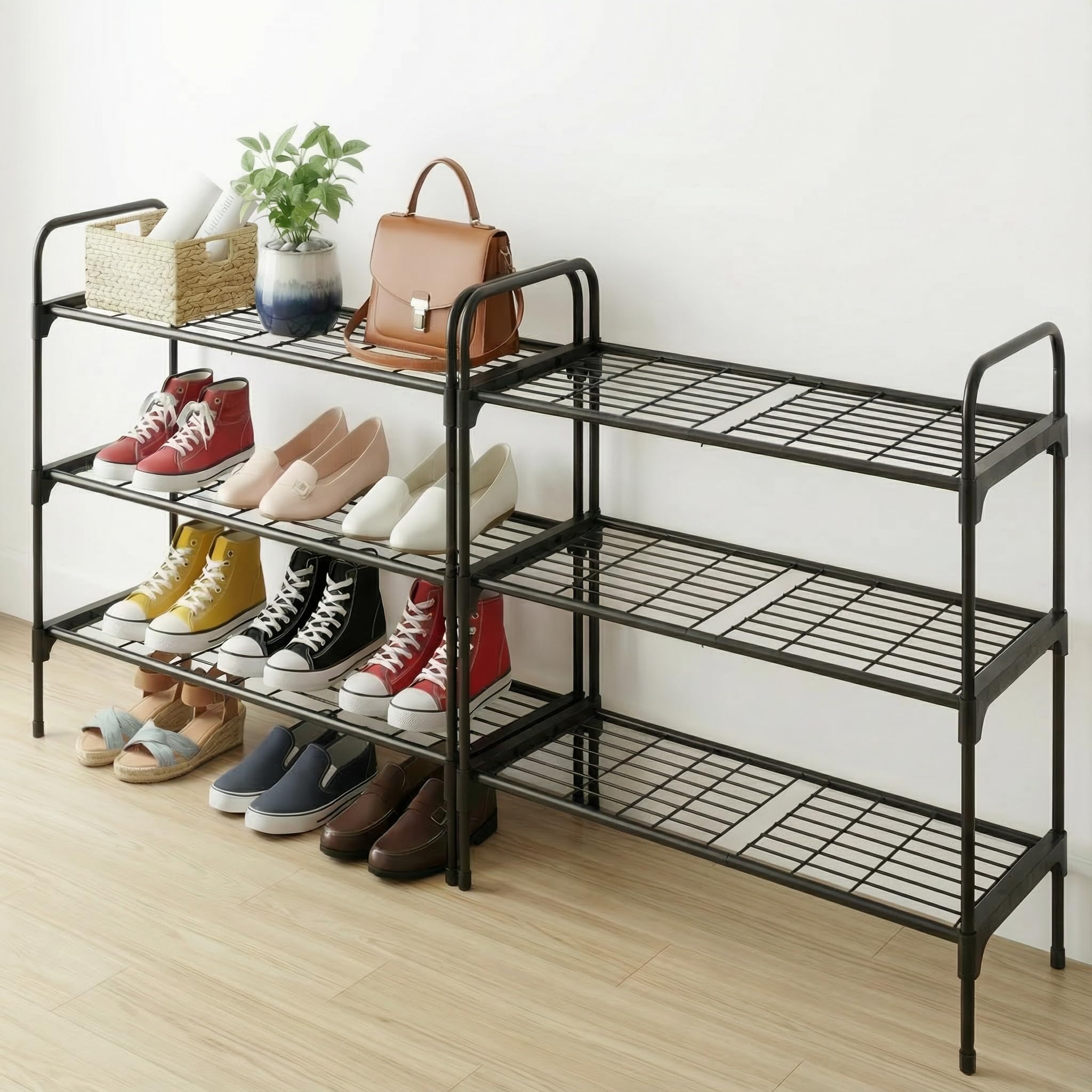 Tujurich 3-Tler Shoe Rack Organlzer, Rustproof lron, Spaclous Shoe Storage Shelf for Closet or Entryway, Fits Sneakers & Slippers, Black