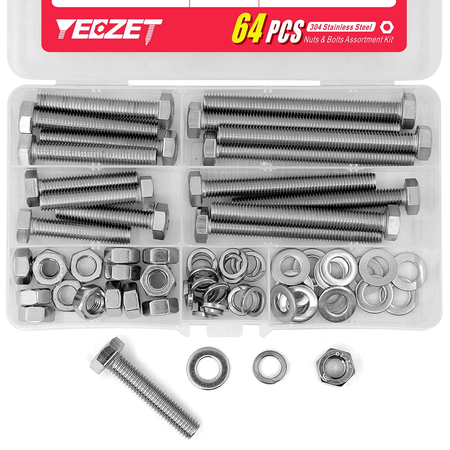 YEEZET M8 40 mm 50 mm 70 mm 80 mm 304 Stainless Steel Hex Bolts, Washers, Spring Washers & Nuts Assortment Kit, 16 Pieces — image 1