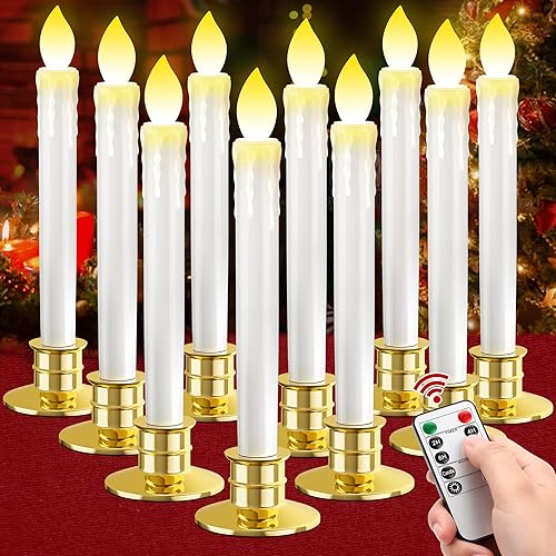 Flameless Window Candles with Remote: 10 Pack Battery Operated LED Candles with Drip Texture with Timer - Flickering Flameless Candles with Candlesticks for Home Decor Christmas Halloween Wedding