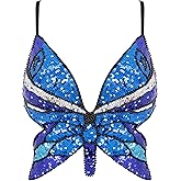 Mocure Womens Glitter Sequin Butterfly Crop Top Low-Cut Tank Top Rave Tube Vest Top for Belly Dance Costume Outfits