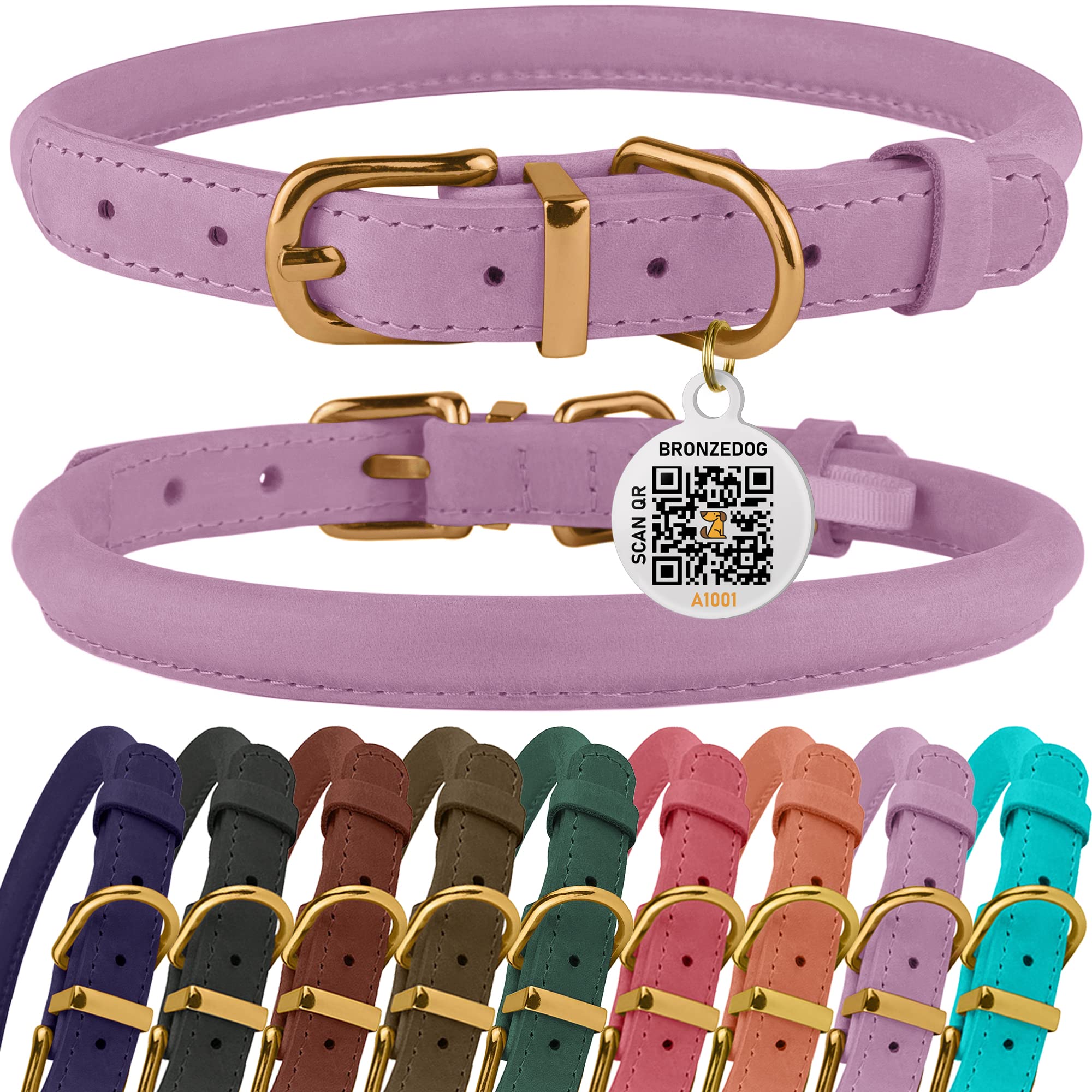 Photo 1 of BronzeDog Rolled Leather Dog Collar with QR ID Tag, Adjustable Soft Round Collars for Small Medium Large Dogs Puppy (14" - 16" Neck Size, Lavender)