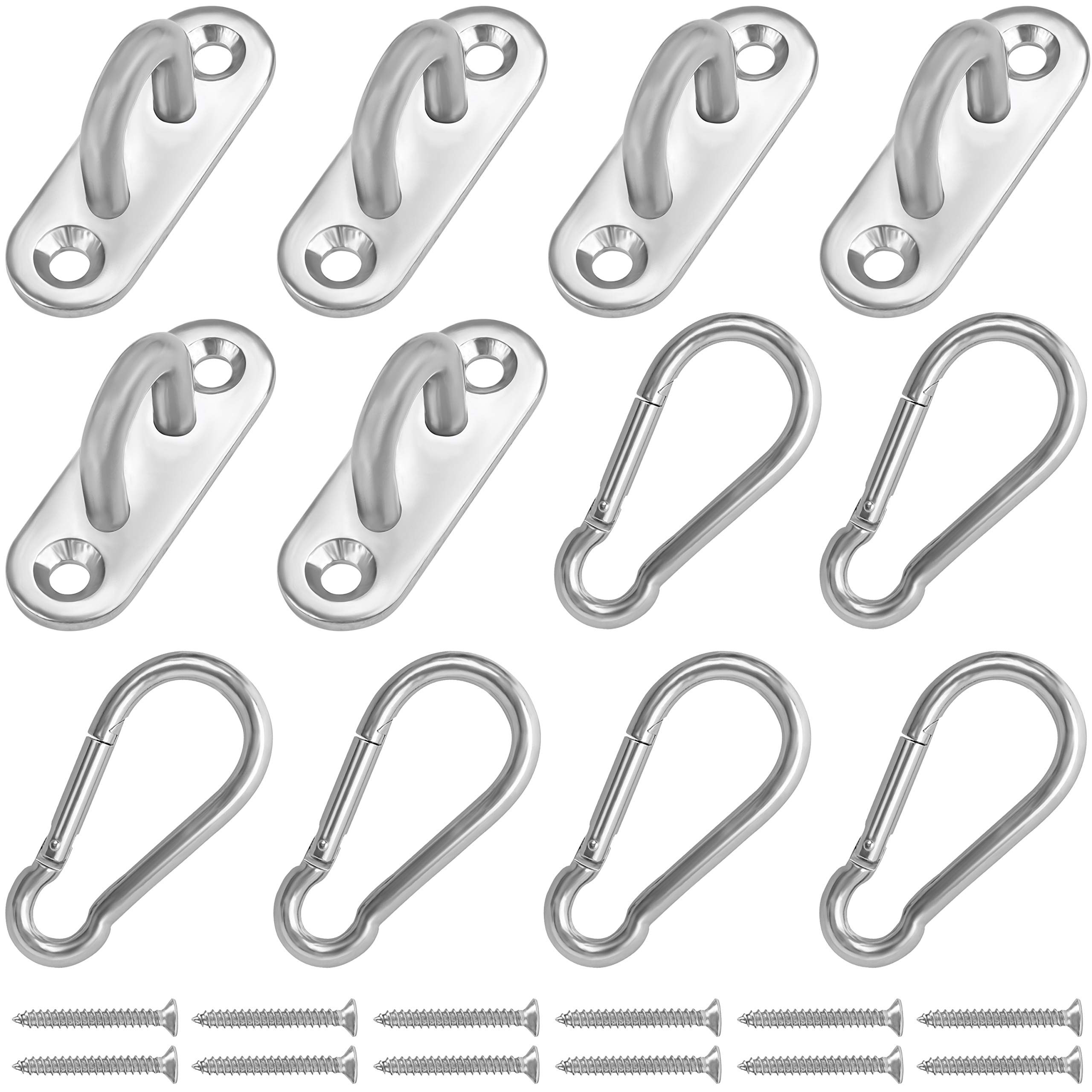 BELLE VOUS 6 Pack M5 Stainless Steel Pad Eye Plate Hooks with Screws & Carabiners - Heavy Duty U-Shaped Wall/Ceiling Mount Rectangle Staple Hook (45 x 15mm) - Holds 40kg - Ring Hooks for Hanging