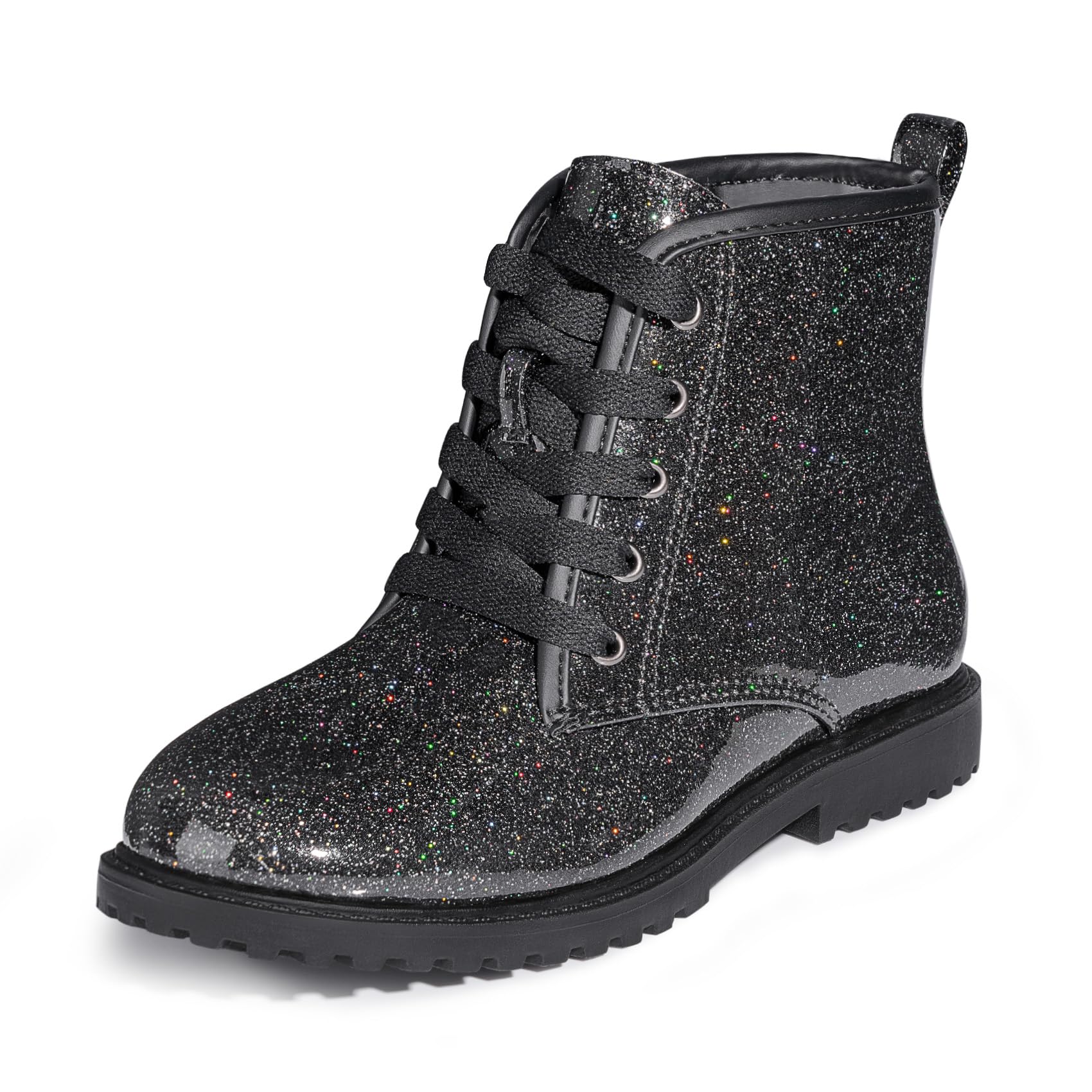 FITORY Girls/Boys Ankle Combat Boots with Side Zipper and Lace-Up, Waterproof Glitter Style, Easy On/Off Sparkle Shoes for Toddler/Little Kid/Big Kid