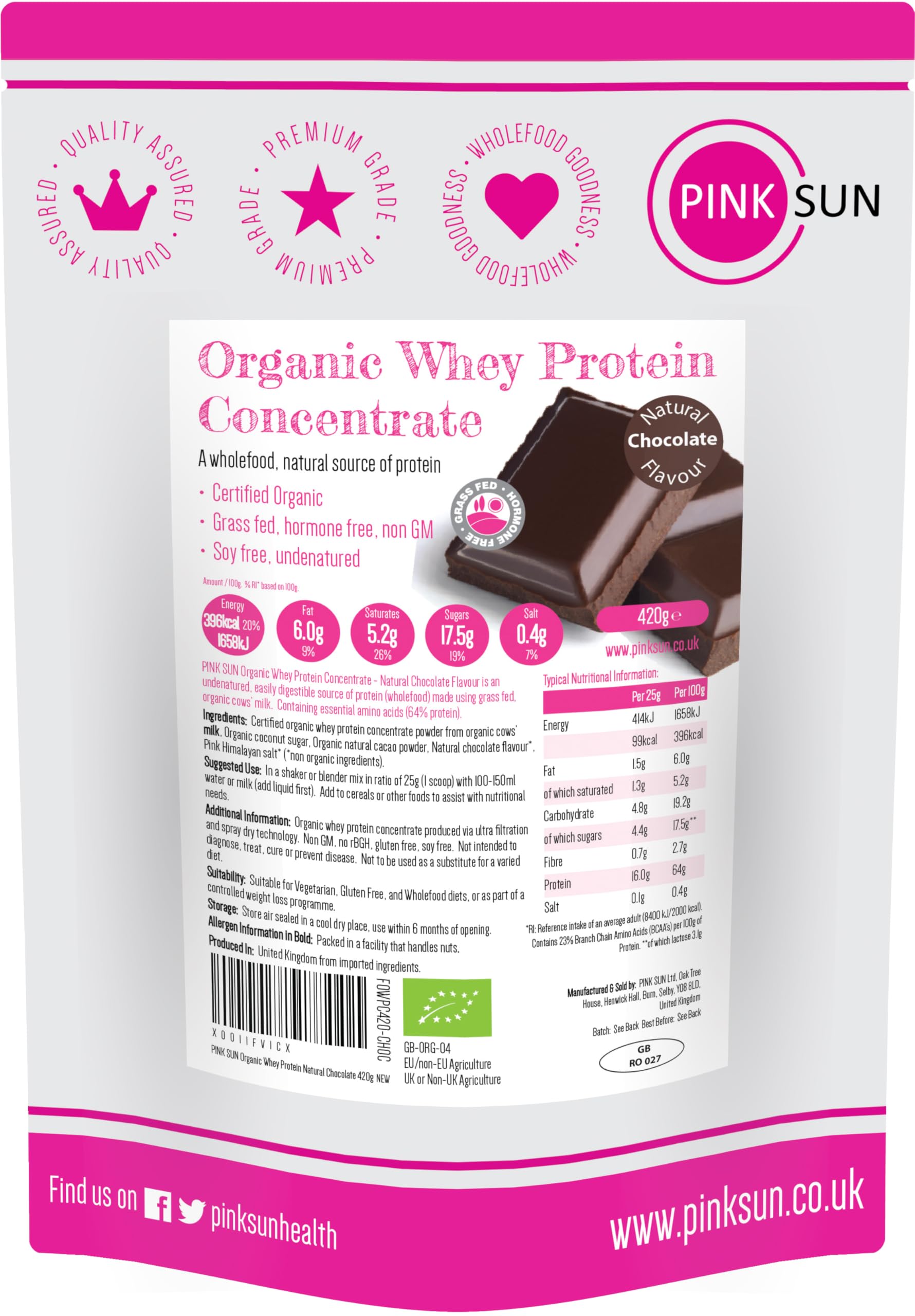 PINK SUN Organic Whey Protein Chocolate Flavour 420g Concentrate Powder Shake Soy Free Grass Fed Gluten Free Vegetarian Undenatured Non GM Certified Bio UK
