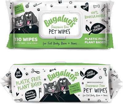 BUGALUGS Biodegradable Dog Wipes 110 x 20cm Fragrance Free Bamboo