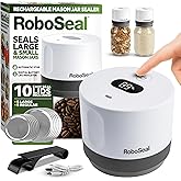 RoboSeal Rechargeable Mason Jar Vacuum Sealer for Mason Jars Wide and Regular, One Touch Vacuum Sealer for Jars, 10 Lids Incl