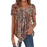 Zeagoo Women Tunic Tops Dressy Casual Summer Short Sleeve Shirts Floral Loose Fit Pleated Boho Top S-XXL