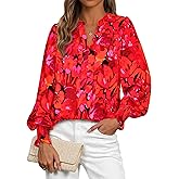 MASCOMODA Womens Boho Floral Long Sleeve Tops Fall Fashion 2025 V Neck Loose Chiffon Work Blouses Dressy Casual Ruffle Shirts