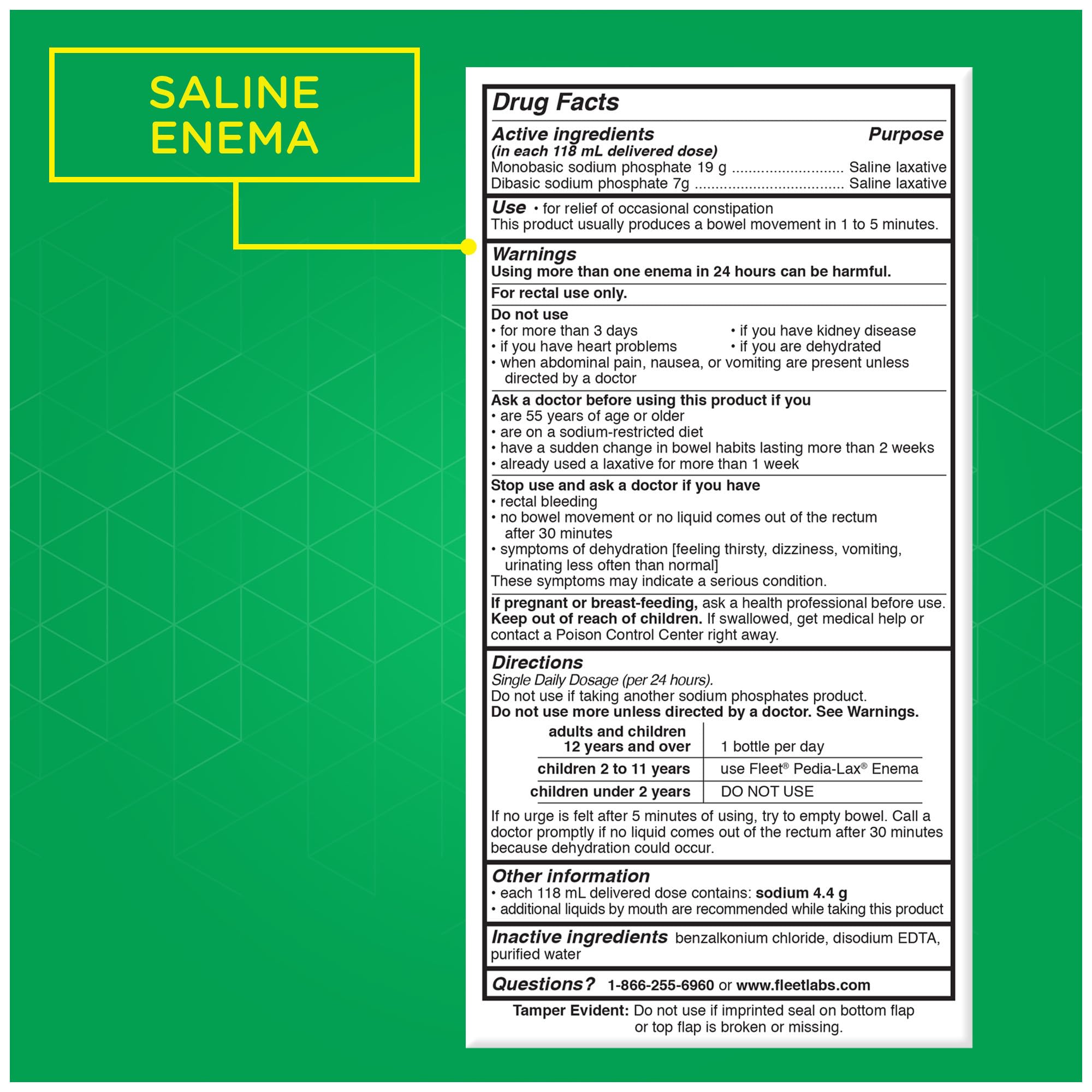 Fleet Laxatives, Saline Enema for Adult Constipation Relief, Prefilled Enema Kit for Fast Acting Constipation Relief, 4.5 fl oz, 2 Bottles, 6 Pack