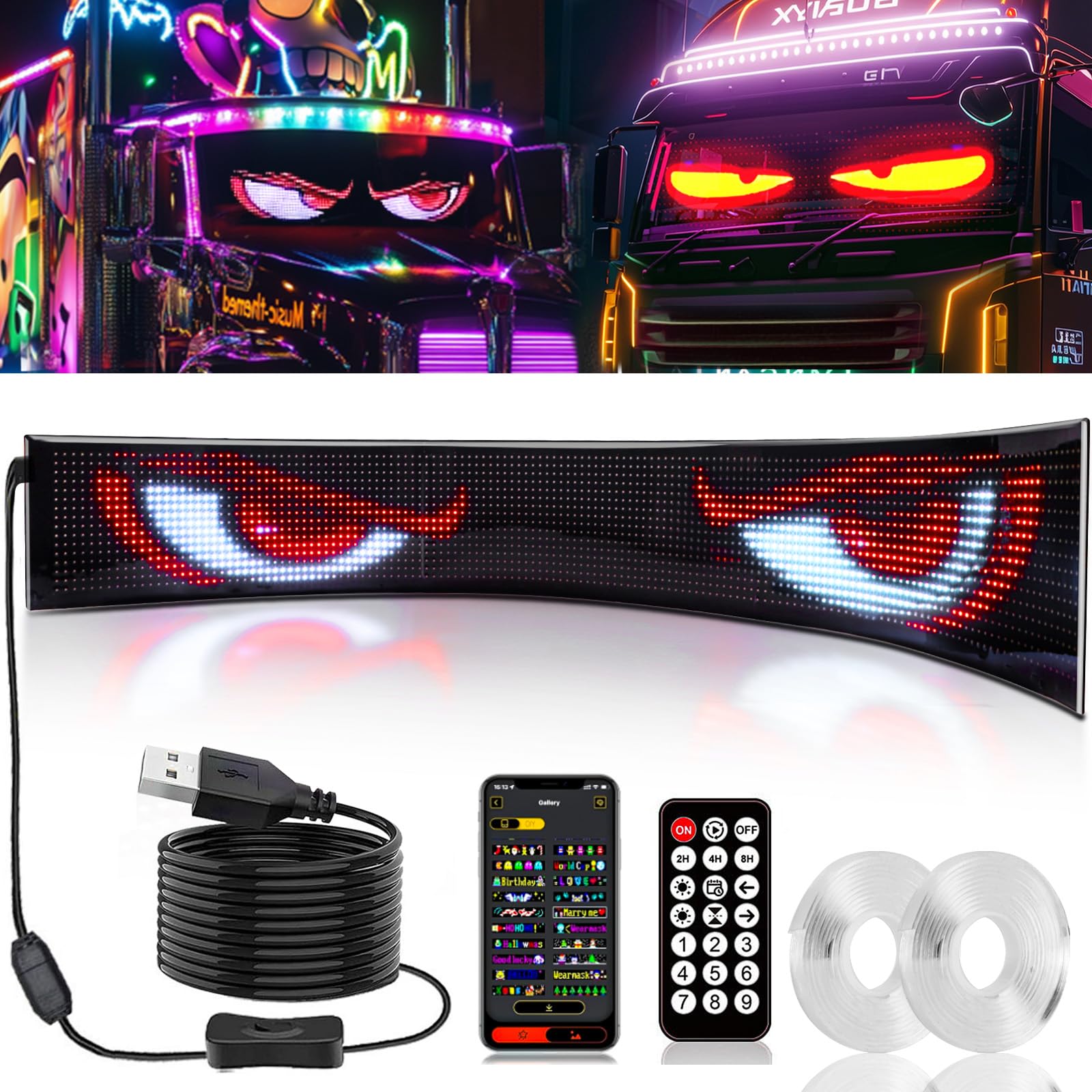 Photo 1 of 1 Piece 52inx7.6in Extra-Large Devil Eyes Light for Truck Windshield, Large Flex LED Display for Car Eyes, Programmable Devils Eye LED Soft Screen for Windshield Flexible Dynamic Car Eyes