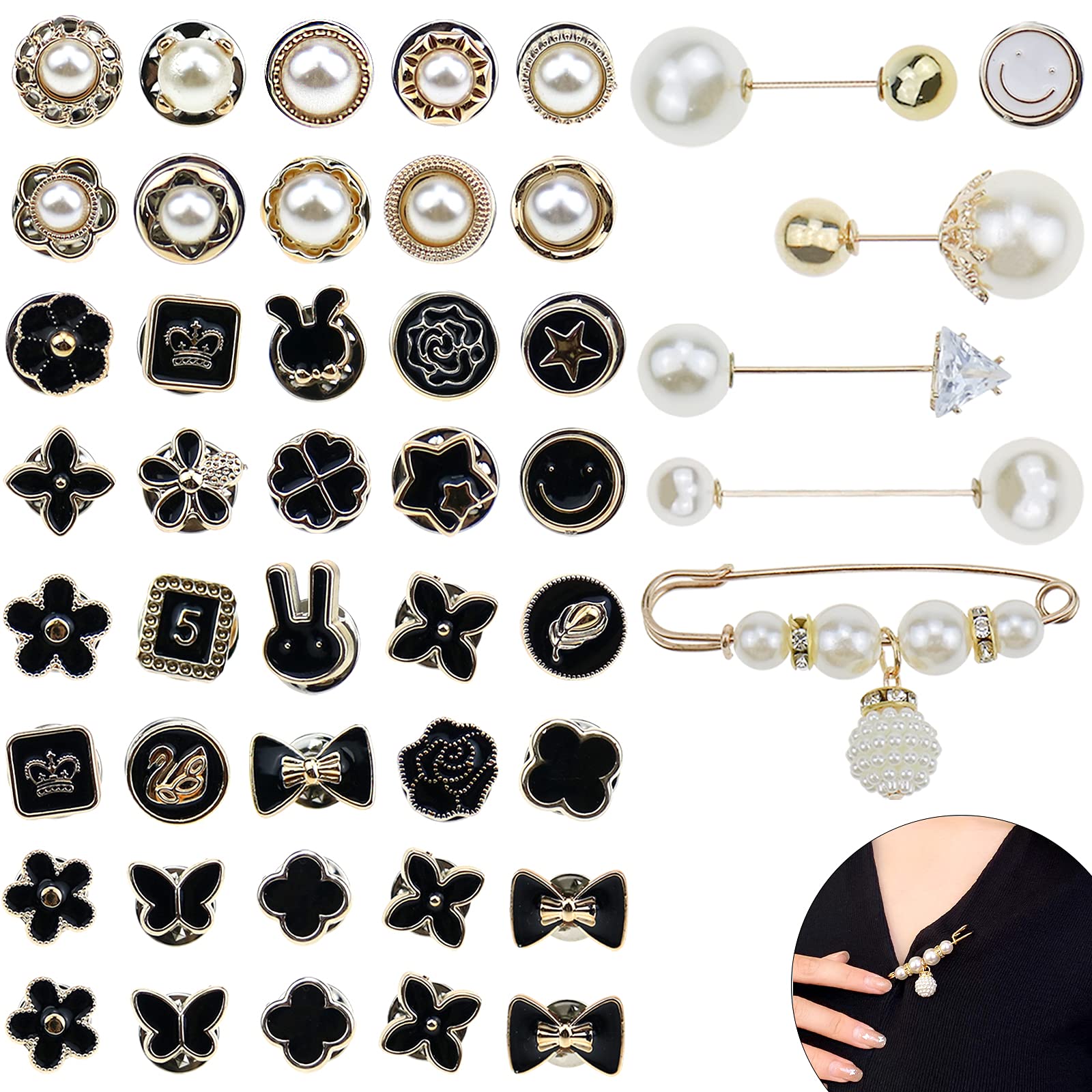 46 Pcs Women Shirt Brooch Buttons Brooch Pins Faux Pearl Women Cover up Safety Brooch Pins Buttons for Clothing Dress Supplies