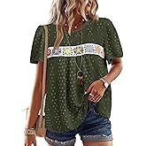 Falechay Womens Summer Tops Boho Crewneck Short Sleeve Shirts Floral Crochet Chiffon Blouses Flowy Casual Swiss Dot Clothing